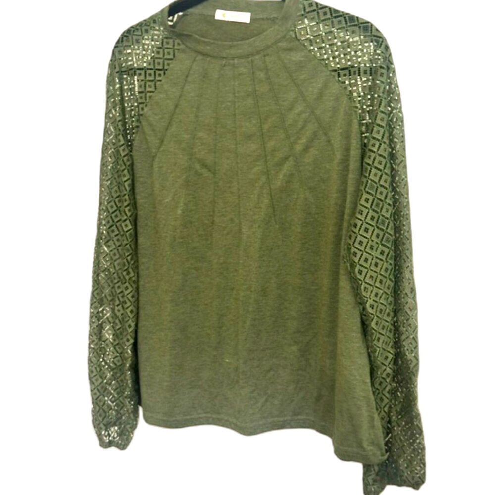 KIRUNDO Olive Green Pintuck Pleated Top with Lace Long Sleeves - XL